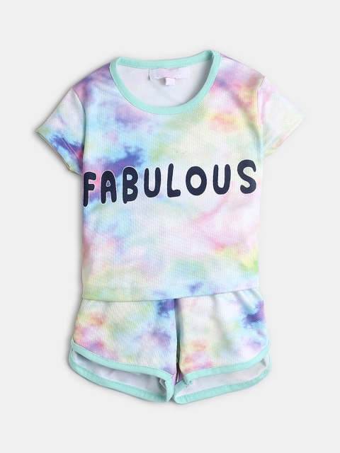 

Hopscotch Girls Purple & Blue Printed Cotton T-shirt with Shorts