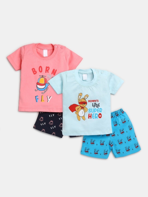 

Hopscotch Boys Set Of 2 Pink & Blue Printed Cotton T-shirt with Shorts