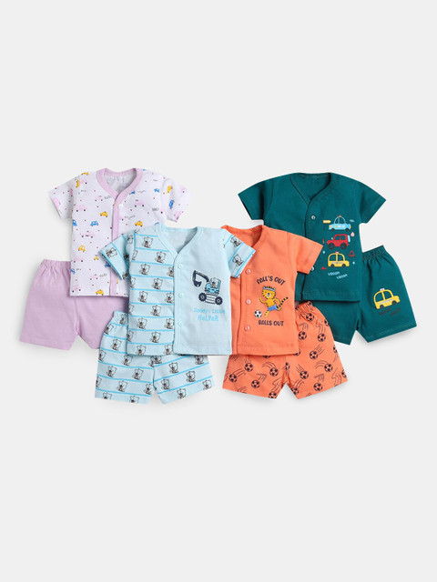 

Hopscotch Boys Set of 4 Orange & Blue Printed T-shirt With Shorts