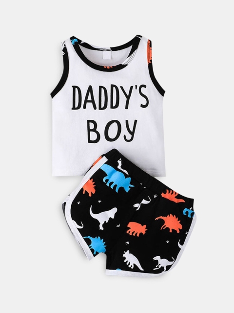 

Hopscotch Kids Boys White & Black Animal Printed Top With Shorts Set