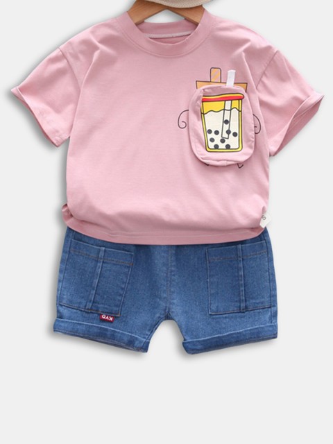 

Hopscotch Kids Boys Pink & Blue Graphic Printed Applique T-shirt With Shorts Set