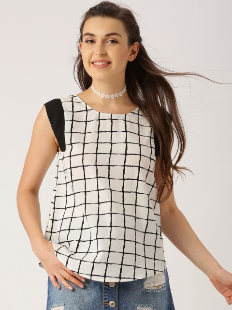 

DressBerry Women Off-White & Black Checked Styled-Back Top