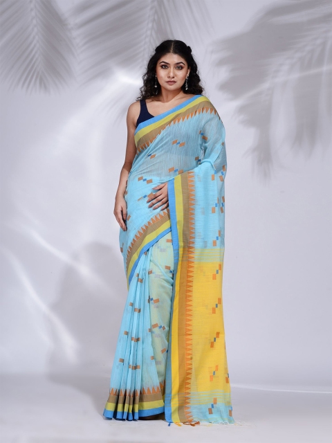 

Charukriti Women Blue & Yellow Woven Design Zari Pure Cotton Saree