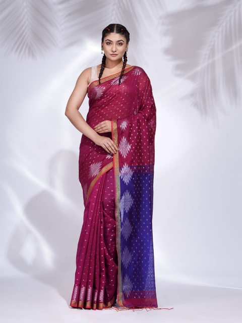 

Charukriti Women Magenta & Blue Woven Design Blended Cotton Zari Saree