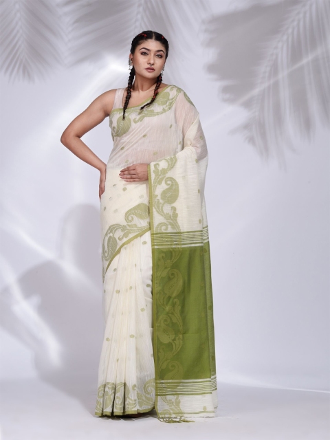 

Charukriti White & Green Woven Design Pure Cotton Saree