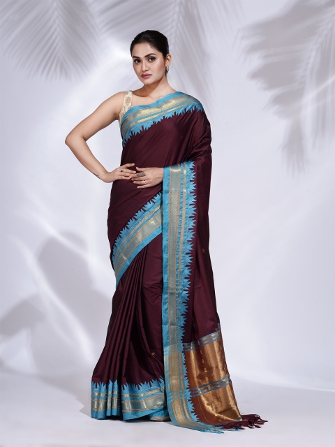 

Charukriti Red & Blue Woven Design Pure Silk Saree With Geometric Border