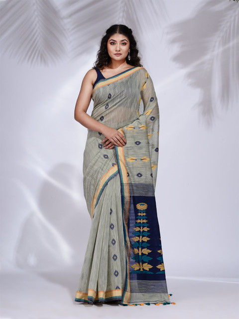 

Charukriti Grey & Blue Floral Zari Pure Cotton Saree