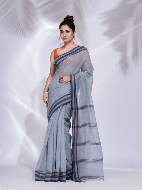 

Charukriti Grey & Blue Printed Pure Cotton Saree