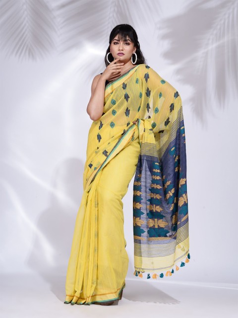 

Charukriti Yellow & Blue Woven Design Pure Cotton Saree