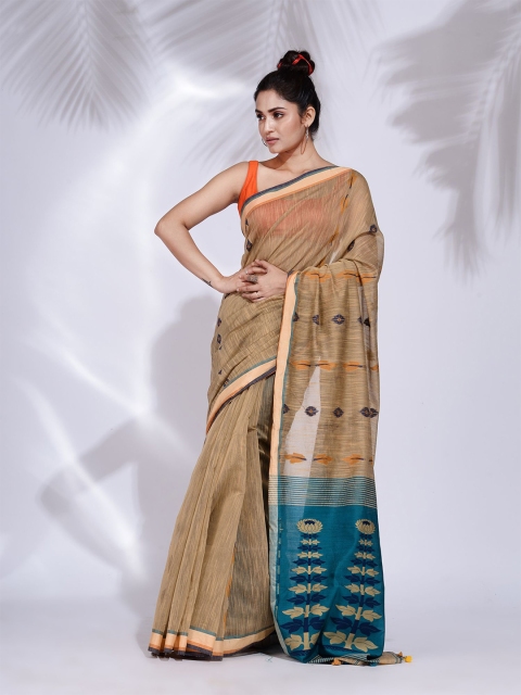 

Charukriti Beige & Blue Woven Design Pure Cotton Saree