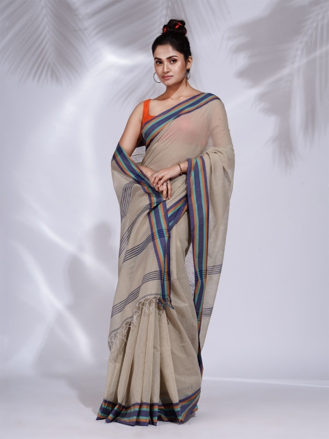 

Charukriti Off White & Blue Striped Pure Cotton Saree