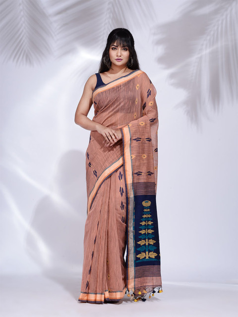 

Charukriti Rust & Blue Floral Pure Cotton Saree