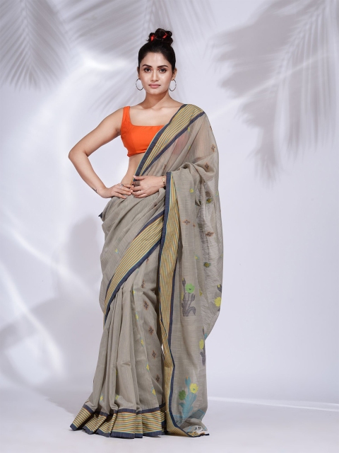 

Charukriti Grey & Yellow Ethnic Motifs Pure Cotton Saree