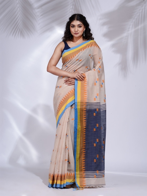 

Charukriti Beige & Blue Woven Design Pure Cotton Saree