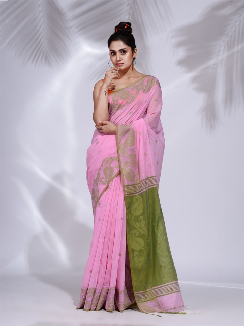 

Charukriti Pink & Olive Green Floral Pure Cotton Khadi Saree