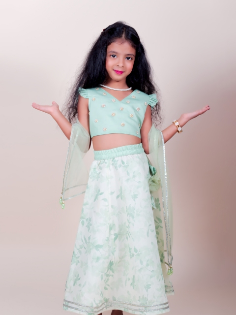 

Little Carrot Girls Green & White Embellished Beads and Stones Ready to Wear Lehenga & Blouse With Dupatta