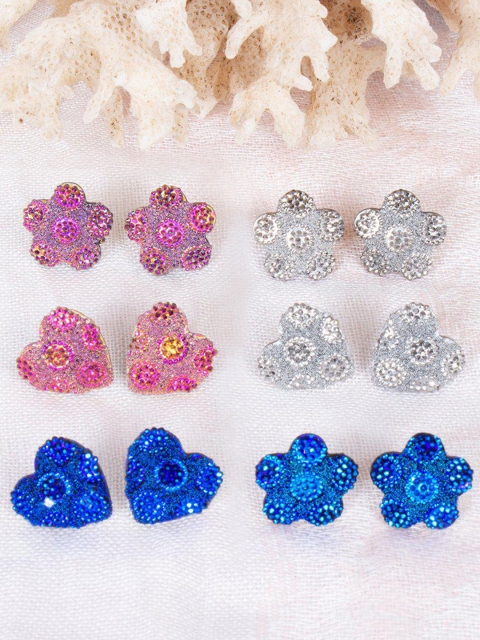 

lil' star Girls Blue & Pink Floral & Heart Shaped Studs Earrings Set Of 6