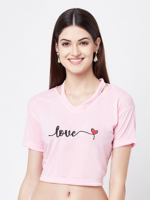

ELEGANCE Women Pink Typography Printed Cut Out Cropped T-shirt