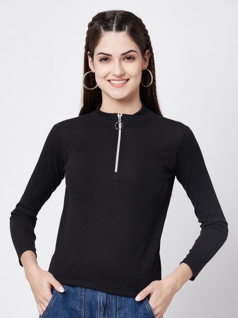 

ELEGANCE Women Black Mandarin Collar T-shirt