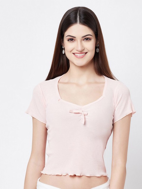 

ELEGANCE Women Pink Solid Cotton T-shirt
