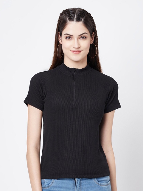 

ELEGANCE Women Black High Neck Raw Edge T-shirt