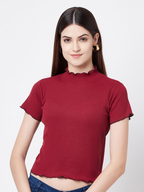 

ELEGANCE Women Maroon Mandarin Collar T-shirt