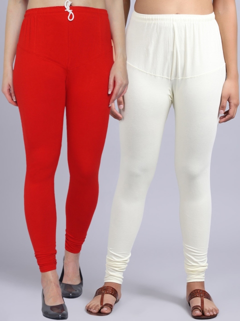 

GRACIT Women Pack Of 2 Red & White Solid Churidar-Length Leggings