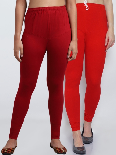 

GRACIT Women Pack Of 2 Red & Maroon Solid Churidar Length Leggings