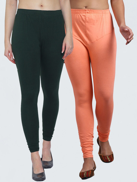 

GRACIT Women Green & Peach Pack Of 2 Solid Churidar Length Leggings