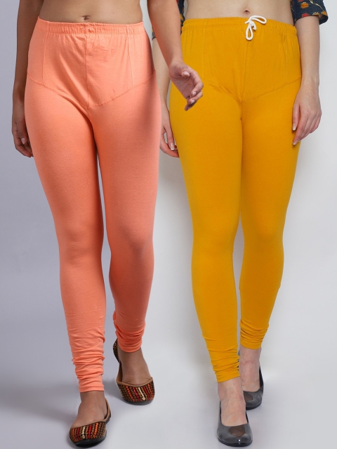 

GRACIT Women Pack Of 2 Solid Peach & Mustard Churidar-Length Leggings