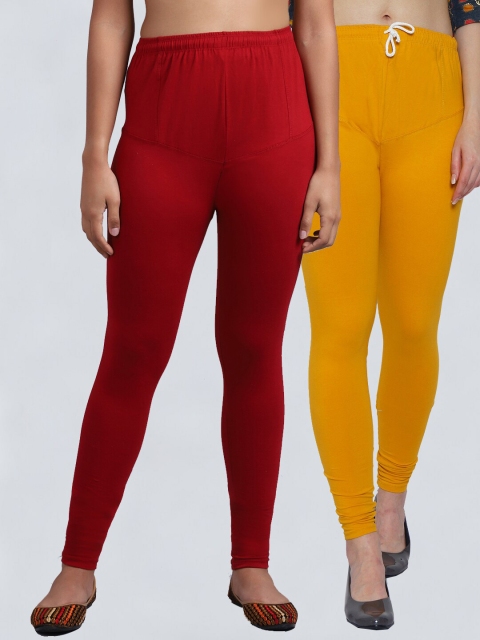 

GRACIT Women Pack Of 2 Maroon & Yellow Solid Churidar-Length Leggings