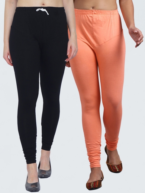 

GRACIT Women Pack Of 2 Black & Peach Solid Churidar Length Leggings