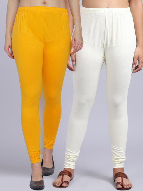 

GRACIT Women Pack Of 2 Yellow & Off-White Solid Churidar-Length Leggings