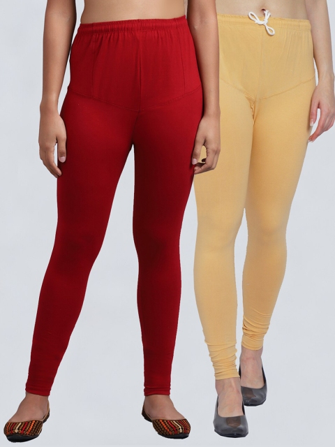 

GRACIT Women Pack Of 2 Solid Skin & Maroon Leggings, Beige