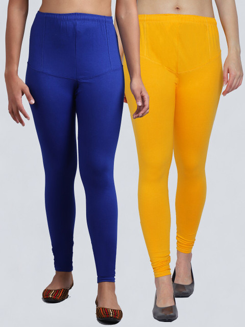 

GRACIT Women Pack Of 2 Blue & Yellow Solid Churidar Length Leggings