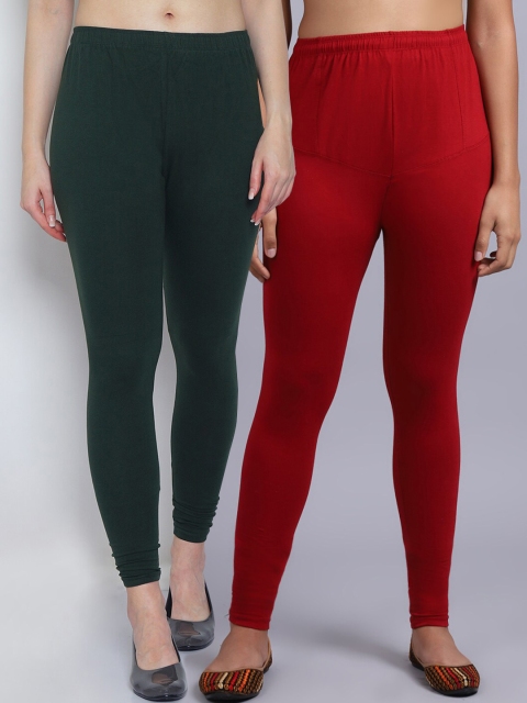 

GRACIT Women Pack Of 2 Green & Maroon Solid Cotton Churidar-Length Leggings