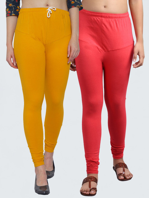 

GRACIT Women Pack Of 2 Orange & Yellow Solid Churidar-Length Leggings