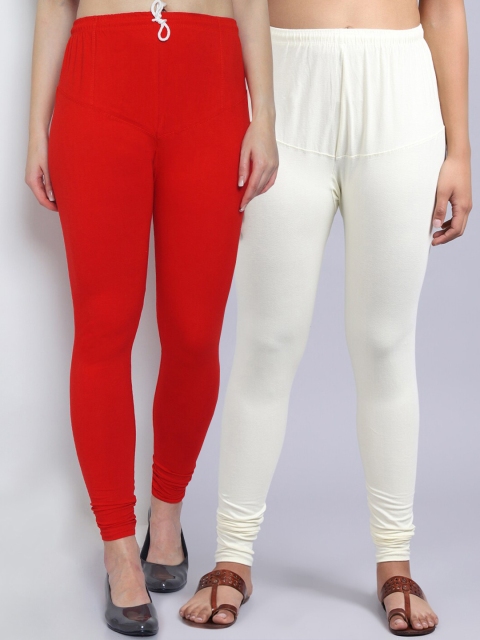 

GRACIT Women Pack of 2 Red & Off White Solid Churidar Length Legging