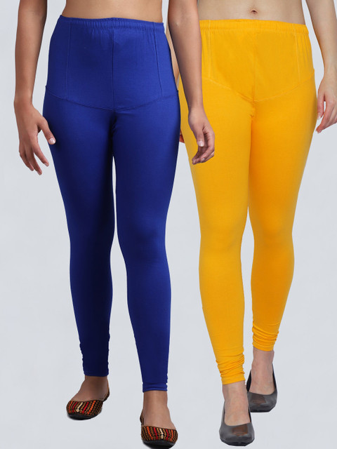 

GRACIT Women Pack Of 2 Solid Blue & Yellow Churidar-Length Leggings