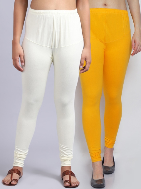 

GRACIT Women Pack Of 2 Yellow & Off White Solid Churidar-Length Leggings