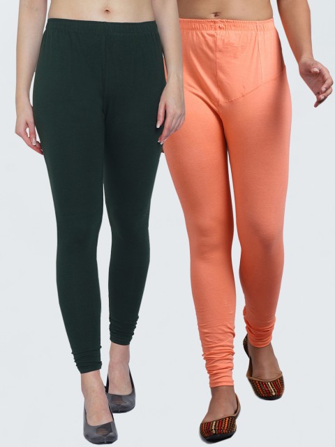 

GRACIT Women Pack Of 2 Green & Peach Solid Churidar-Length Leggings