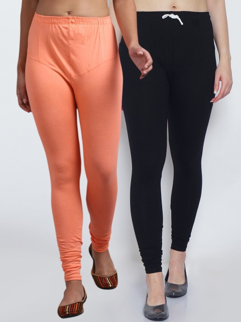 

GRACIT Women Peach and Black Pack Of 2 Solid Churidar-Length Leggings