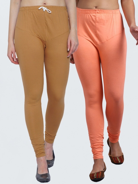 

GRACIT Women Peach & Nude-Coloured Pack Of 2 Solid Churidar-Length Leggings