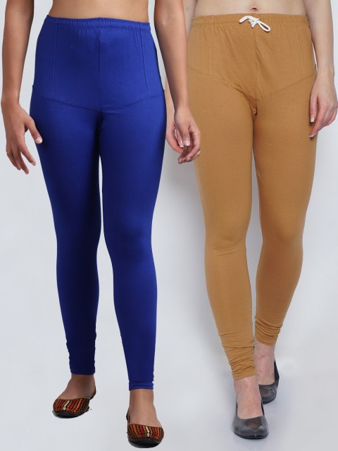 

GRACIT Women Pack Of 2 Blue & Beige Solid Churidar-Length Leggings