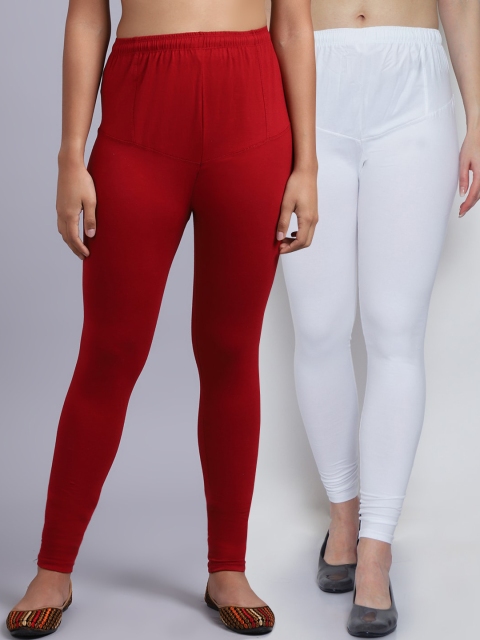 

GRACIT Women White & Maroon Solid lycra Churidar-Length Leggings