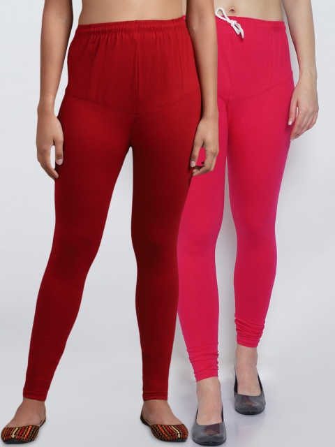 

GRACIT Women Pack Of 2 Pink & Maroon Solid Churidar-Length Leggings