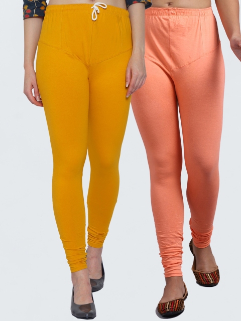 

GRACIT Women Pack Of 2 Solid Churidar-Length Leggings, Peach