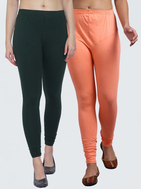 

GRACIT Women Pack Of 2 Green & Peach Solid Churidar-Length Leggings