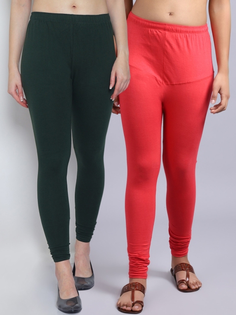 

GRACIT Women Pack Of 2 Solid Churidar-Length Leggings, Green
