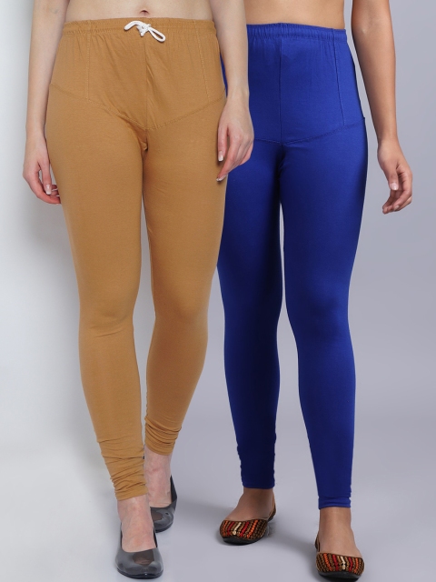 

GRACIT Women Pack Of 2 Blue & Dark Skin Coloured Solid Churidar-Length Leggings